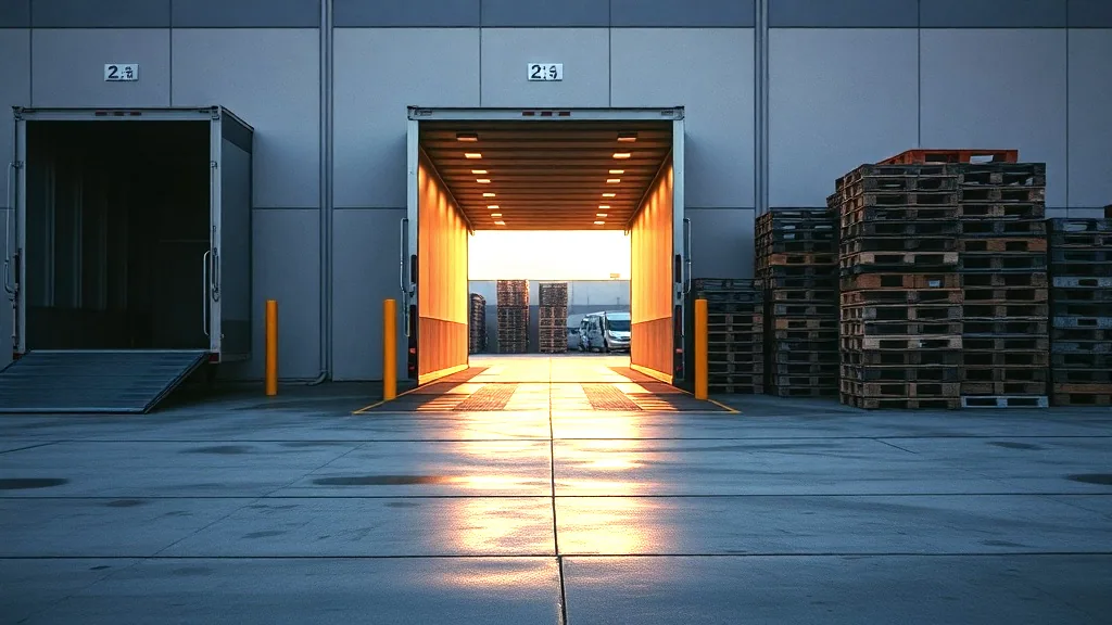 A loading dock at first light, one trailer backed to the wall and one bay standing open and lit, stacks of empty pallets on the concrete