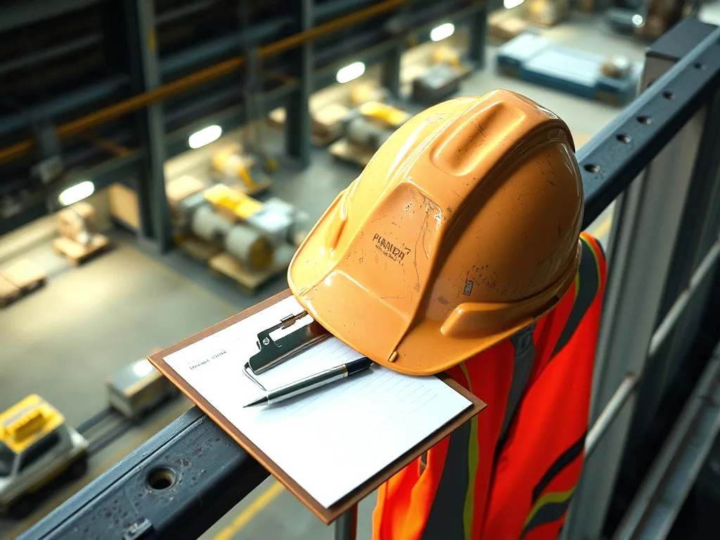 A scuffed hard hat, a clipboard and a folded hi-vis vest resting on a mezzanine handrail above a working plant floor