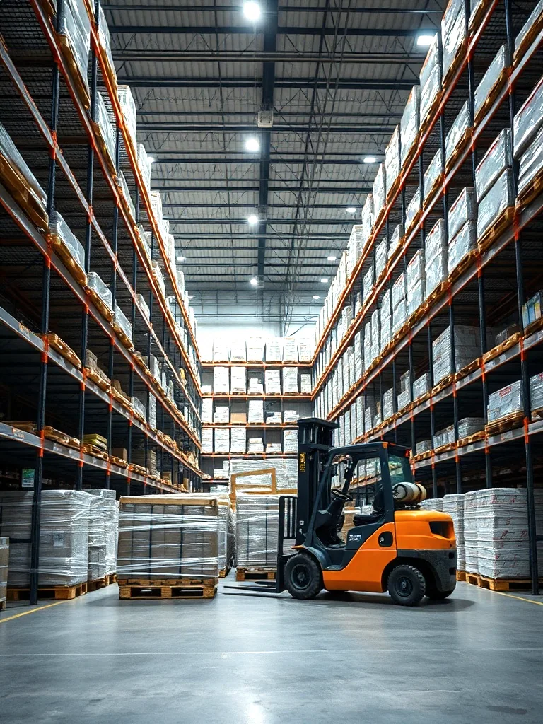 A tall warehouse aisle stacked with wrapped pallets on racking to the ceiling, a forklift parked in the cross aisle under high bay lights