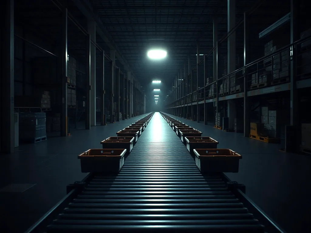 A conveyor line stopped on a dark distribution centre floor at night, empty totes waiting on the rollers under one lit fitting