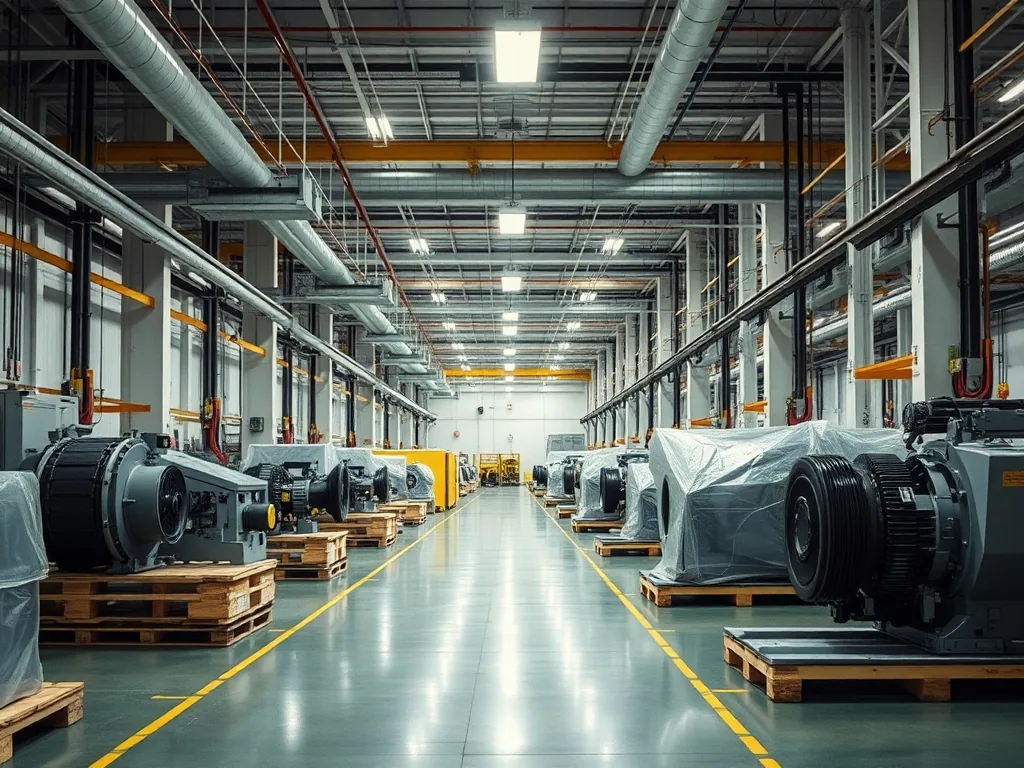 A plant floor during a shutdown, machinery still part wrapped on pallets down both sides of a taped walkway, overhead cranes and cable trays